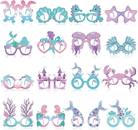 32 Pcs Mermaid Party Decorations Mermaid Paper Glasses Frame Under the Sea Photo Booth Props Mermaid Eyeglasses for Girls Summer Beach Theme Birthday Party Baby Shower Favors Supplies