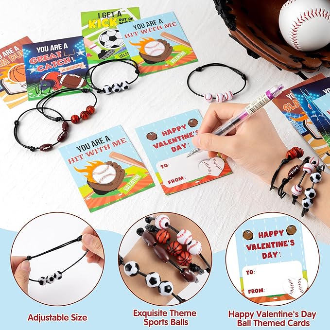 ANGOLIO 56Pcs Valentine's Day Cards for Kids with Ball Sport Bracelets, Valentine Exchange Gifts Classroom with Football Basketball Bracelets, School Friends Exchange Gift Party Favors for Girls Boys