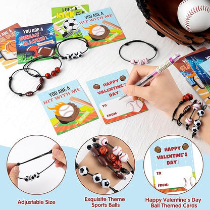 ANGOLIO 56Pcs Valentine's Day Cards for Kids with Ball Sport Bracelets, Valentine Exchange Gifts Classroom with Football Basketball Bracelets, School Friends Exchange Gift Party Favors for Girls Boys