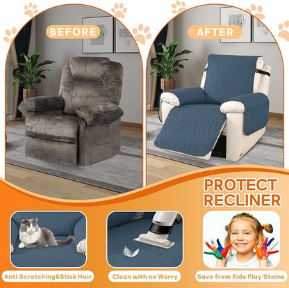 XINEAGE 100% Waterproof Recliner Chair Covers with Elastic Straps, Nonslip Reclining Couch Covers Washable Recliner Couch Cover with Pockets Furniture Protector for Pets Dogs (Berlin Blue, 30")