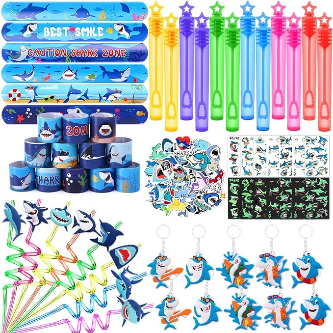 110Pcs Shark Party Favors Birthday Supplies, Straws Bubble Wands Slap Bracelet Keychain Tattoo Sticker Toy Gift Baby Kids Boys Shark Valentines Goodie Bag Stuffer Ocean Under the Sea Party Favors