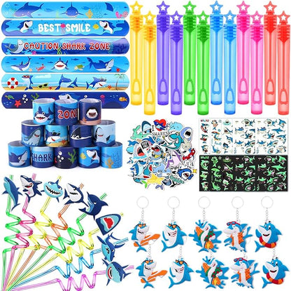 110Pcs Shark Party Favors Birthday Supplies, Straws Bubble Wands Slap Bracelet Keychain Tattoo Sticker Toy Gift Baby Kids Boys Shark Valentines Goodie Bag Stuffer Ocean Under the Sea Party Favors
