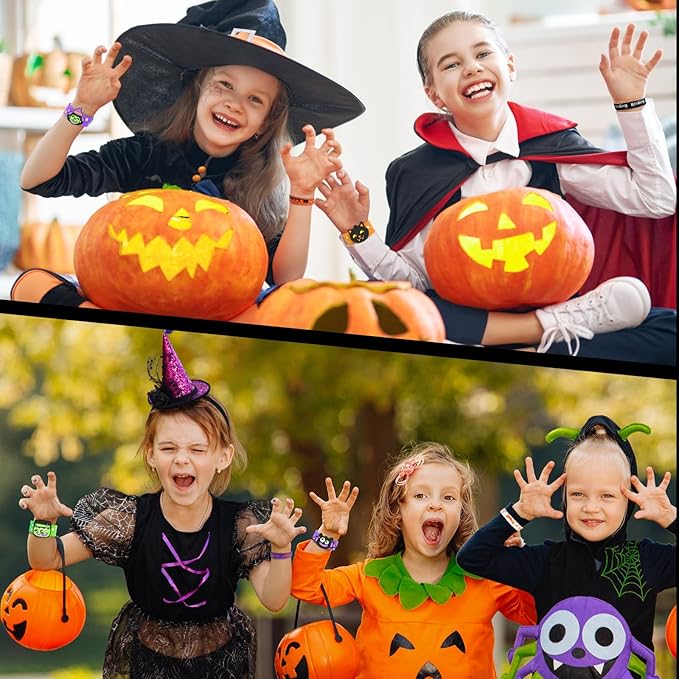 28 PCS Halloween Party Favors Silicone Bracelets Rubber Wristbands 3D Slap Bracelets Toys for kids, Halloween Favors for Boys Girls Treat Bags Children Persents Bags Filler