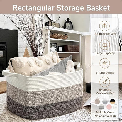 Goodpick Large Woven Storage Basket, 21.6"x14.9"x11.8", Blanket Storage for Bedroom and Living Room, Rectangle Rope Baskets for Storage, White Brown