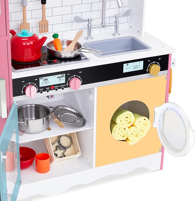 Lil’ Jumbl Kids Colorful Kitchen Set, Pretend Wooden Play Kitchen, Battery Operated Icemaker, Microwave, Range Hood, Stove Top, Oven, with Realistic Sound & Lights, Pots, Pan, & Utensils Included