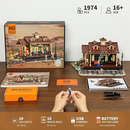 FUNWHOLE Wild West Train Station Lighting Building-Bricks Set - 1975 Pcs Collectible Train Playset for Adults and Teens