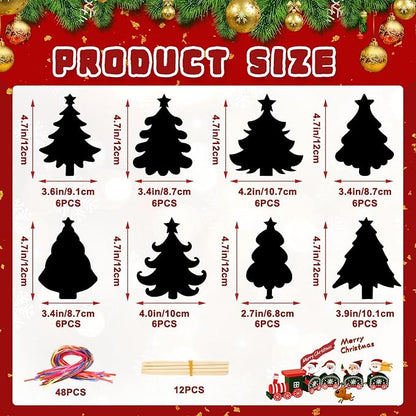 FEBSNOW 48 PCS Christmas Crafts for Kids, Magic Rainbow Christmas Scratch Art Paper Cards Christmas Tree Hanging Ornaments Christmas Gifts for Party Favors Games