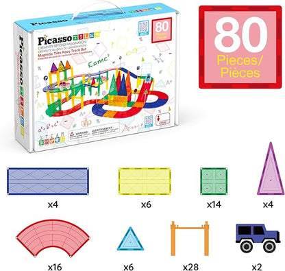 PicassoTiles 80 Piece Race Car Track Building Block Educational Toy Set Magnetic Tiles Magnet DIY Playset 2 Light Up Car STEM Learning Construction Kit Hand-Eye Coordination Fine Motor Skill Training