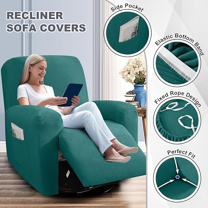 JIVINER Recliner Couch Cover, Jacquard 5 Piece Stretch Sofa Covers for 3 Cushion Reclining Lazy Boy Soft Washable Sofa Slipcovers Protector with Pockets (Recliner Sofa, Teal)
