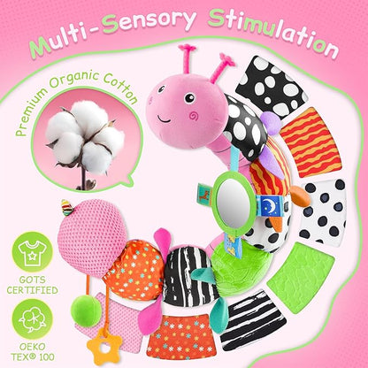 Tummy Time Baby Toys Sensory Musical Animal Stuffed Car Seat Toy for Infant 0-3-6-12 Months Newborn, Plush Caterpillar with Mirror,Crinkle,Rattle Teething Toys for Baby Boys Girls Shower Gifts, Pink