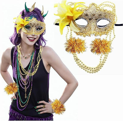 Qiandier 18pcs Mardi Gras Masks Bead Necklaces Bracelet Feathers Women Masquerade Party Mask Purple Green Gold