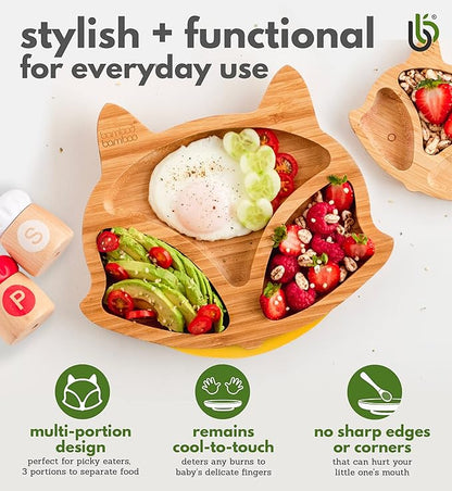 Bamboo Baby Plate with Suction - Kids and Toddler Suction Cup Plate for Babies, Non-Toxic All-Natural Bamboo Baby Food Plate Stays Cool to The Touch for Baby-Led Weaning (Fox-Orange)