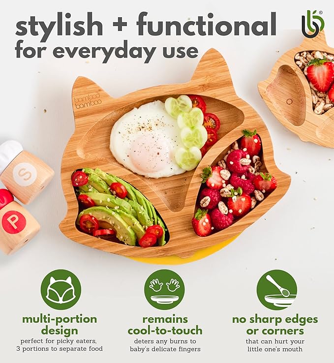 Bamboo Baby Plate with Suction - Kids and Toddler Suction Cup Plate for Babies, Non-Toxic All-Natural Bamboo Baby Food Plate Stays Cool to The Touch for Baby-Led Weaning (Fox-Orange)
