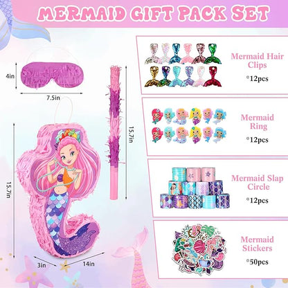 Wettarn 90 Pieces Mermaid Party Favors Includes Piñata Bundle 16 x 12 x 3 Inch, Mermaid Hairpin Slap Bracelets Rings Stickers for Kids Girls Mermaid Birthday Party Supplies Mermaid Goodie Bag Fillers