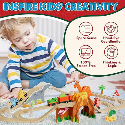 Lehoo Castle Wooden Train Set, Dinosaur Wooden Train Track Set, Wood Toy Train Set for Toddlers 2-4, Train Toys for Toddlers 3-5, Fits Thomas, Fits Brio, Fits Melissa and Doug