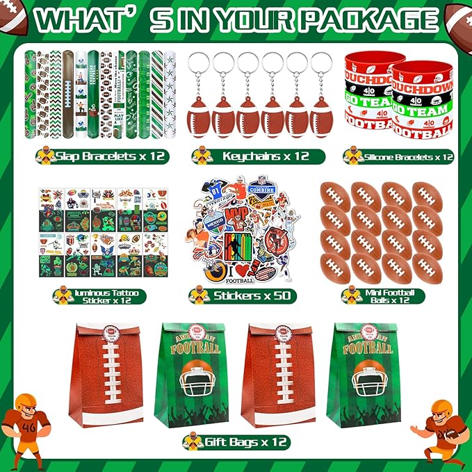 122Pcs Football Party Favors Football Goodie Bags Stuffers with Stress Ball Keychain Tattoo Sticker Silicone Bracelet for Football Birthday Party Supplies