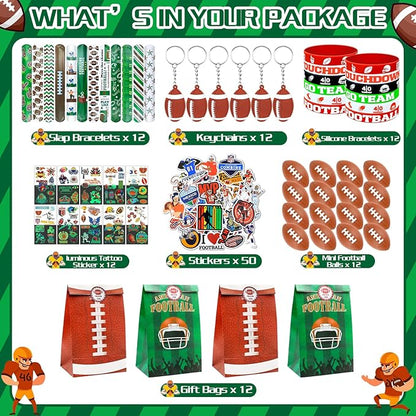 122Pcs Football Party Favors Football Goodie Bags Stuffers with Stress Ball Keychain Tattoo Sticker Silicone Bracelet for Football Birthday Party Supplies