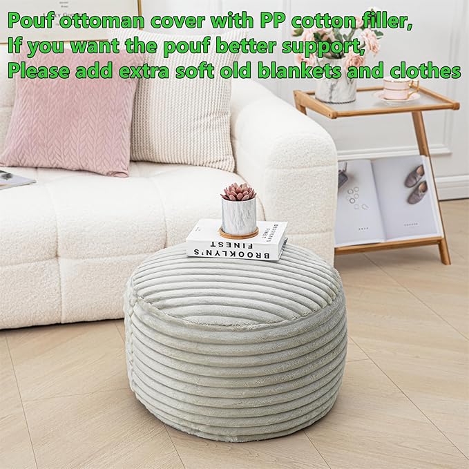 Round Stuffed Pouf Ottoman 20x20x12 Inches Faux Fur Ottoman Foot Rest Under Desk Foot Stool Great for Living Room Bedroom Small Furniture (Light Gray Pouf with Filler)
