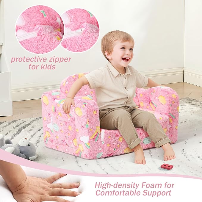MeMoreCool Folding Toddler Chair, Glow-in-The-Dark Soft Plush Kids Fold-Out Couch Sofa, Comfy Baby Recliner for Girls and Boys (Glowing Unicorn, Pink)