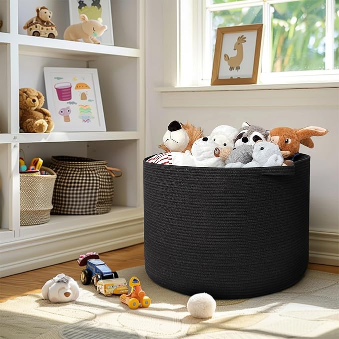 MEGASKET 115L Super Large Black Blanket Basket, 23.6"x15.7" Woven Rope Bin for Storage, Oversized Kids Dog Toy Storage Box Bins, XXXL Blanket Holder for Living Room, Jumbo Wicker Basket for Organizing