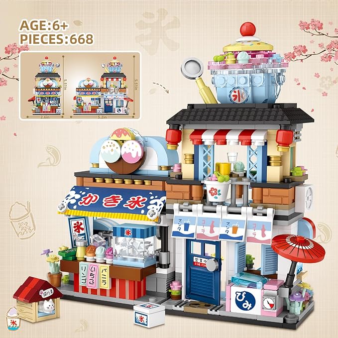 QLT Japanese Street View Ice Drink Shop Mini Building Blocks, Building Toys Model Set for Girls, Boys 6-12 Years Old, 668 PCS Simulation Architecture Construction Toy, Gift Idea for Kids Adults