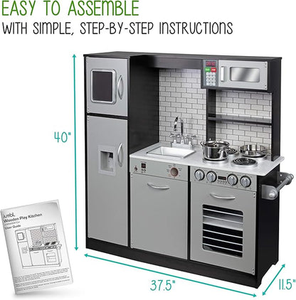 Lil' Jumbl Kids Kitchen Set, Pretend Wooden Play Kitchen, Battery Operated Icemaker & Microwave with Realistic Sound, Pots & Pan Included - Charcoal