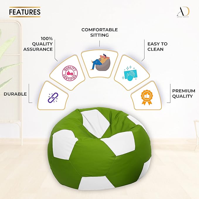 Ample Decor Soccer Bean Bag Cover (Filler Not Included), Leatherette Durable Double Stitched Material Sturdy Zippers, Ideal for Children and Teenagers - White and Green
