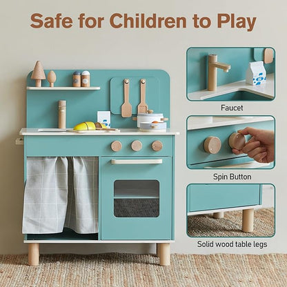 Giant bean Play Kitchen, Nordic Wooden Kitchen Playset Toy for Kids with Cookware Accessories, Pretend Play Cooking Food Set for 3+ Year Old Toddler Boys Girls