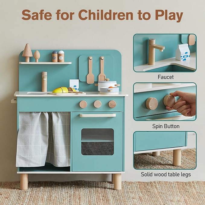Giant bean Play Kitchen, Nordic Wooden Kitchen Playset Toy for Kids with Cookware Accessories, Pretend Play Cooking Food Set for 3+ Year Old Toddler Boys Girls
