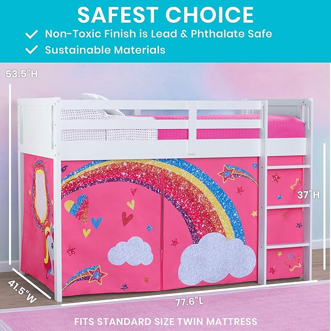 Delta Children Twin Loft Bed with Guardrail and Ladder + Tent (Bundle), White/JoJo Siwa