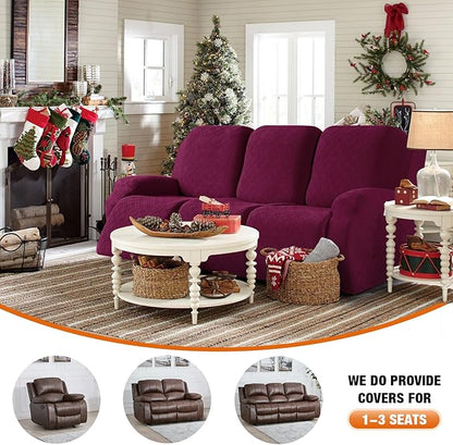 VANSOFY Recliner Cover, 3-Pieces Stretch Reclining Couch Covers with Pockets Reclining Sofa Slipcovers 3 Seater Soft Washable Furniture Protector for Dogs Cats(Burgundy)