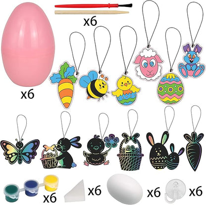 JOYIN 54 Pcs Easter Crafts Assortment Kit with Prefilled Easter Eggs Painting Kit Include Wooden Eggs, Suncatchers and Scratch Cards for Party Favor, Basket Stuffers Fillers