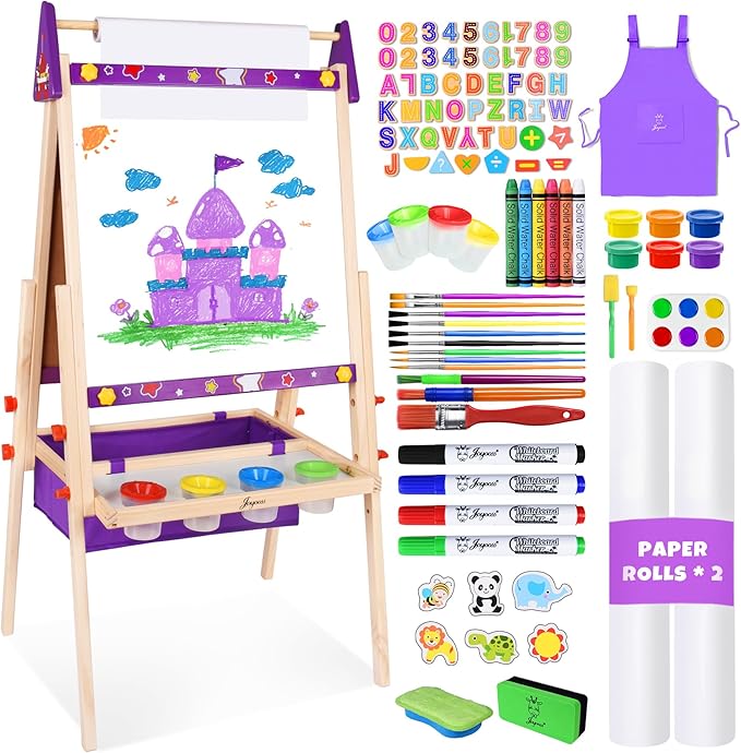 Joyooss Art Easel for Kids Easel for Toddlers, Adjustable Standing Wooden Toddler Easels Kids Board Whiteboard & Chalk Board Kids Dry Erase Board, Art Easel for Kids Age 2-4 4-8 9-12 Drawing Easels