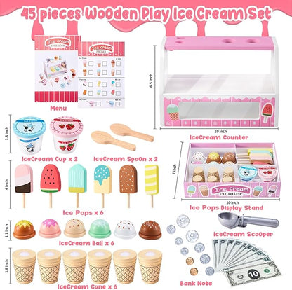 WHOHOLL Wooden Ice Cream Counter Playset for Toddler Girl Toys, Play Store Pretend Toy Food Play Kitchen Accessories with Fake Money & Coin, Christmas Birthday Gifts for 3+ Year Old Kids (Pink)