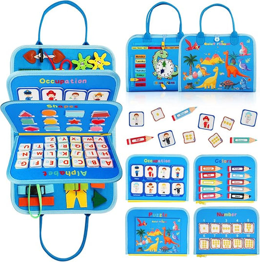 Toddler Busy Board Montessori Toys - Sensory Busy Book for Toddlers 1-3, Dinosaur Learning Activity for Fine Motor Skills, Airplane Car Travel Toy, Birthday Gift for 1 2 3 Year Old Boy Girl