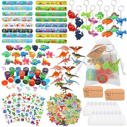 Hungdao 178 Pcs Dinosaur Birthday Party Favors for 16 Kids with Dinosaur Keychain Sticker Stamp Ring Slap Bracelet Tattoo Sticker Gift Bag Tag for Dinosaur Boys and Girls Party Carnival Gift Fillers