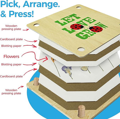 Gardening Pretend Play Set & Flower Press Kit - Kids Gardening Set with Apron, Pair of Gloves, 3 Gardening Tools, Wooden Flower & Leaf Press - Safe Outdoor Gardening Tools for Kids & Teens