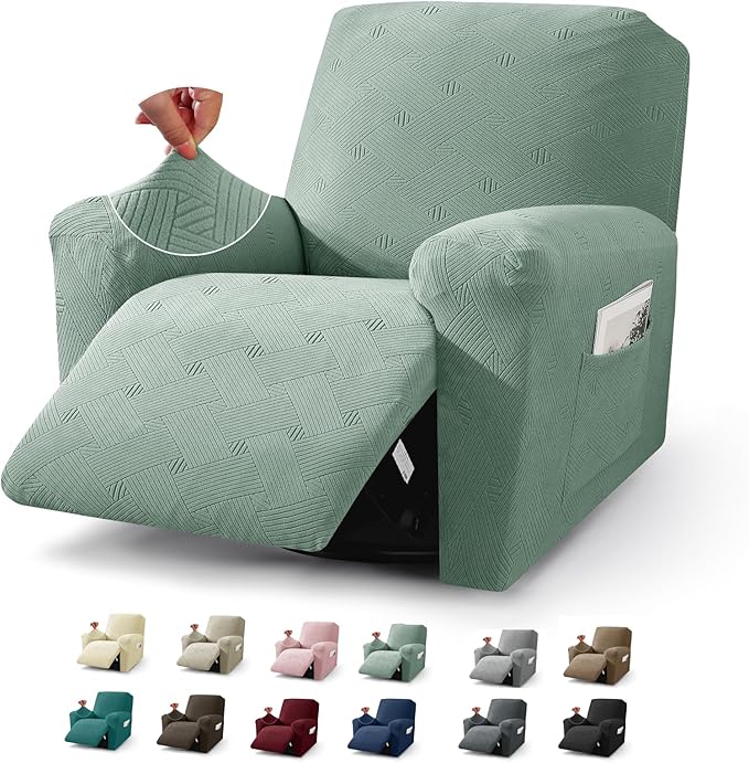 JIVINER Recliner Chair Covers, Jacquard 3 Piece Slipcovers for Recliner Chair Soft Stretch Lazy Boy 1 Seater Reclining Protector with Pockets (Recliner, Pea Green)