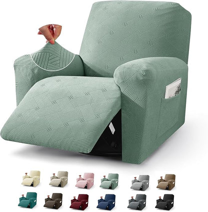JIVINER Recliner Chair Covers, Jacquard 3 Piece Slipcovers for Recliner Chair Soft Stretch Lazy Boy 1 Seater Reclining Protector with Pockets (Recliner, Pea Green)