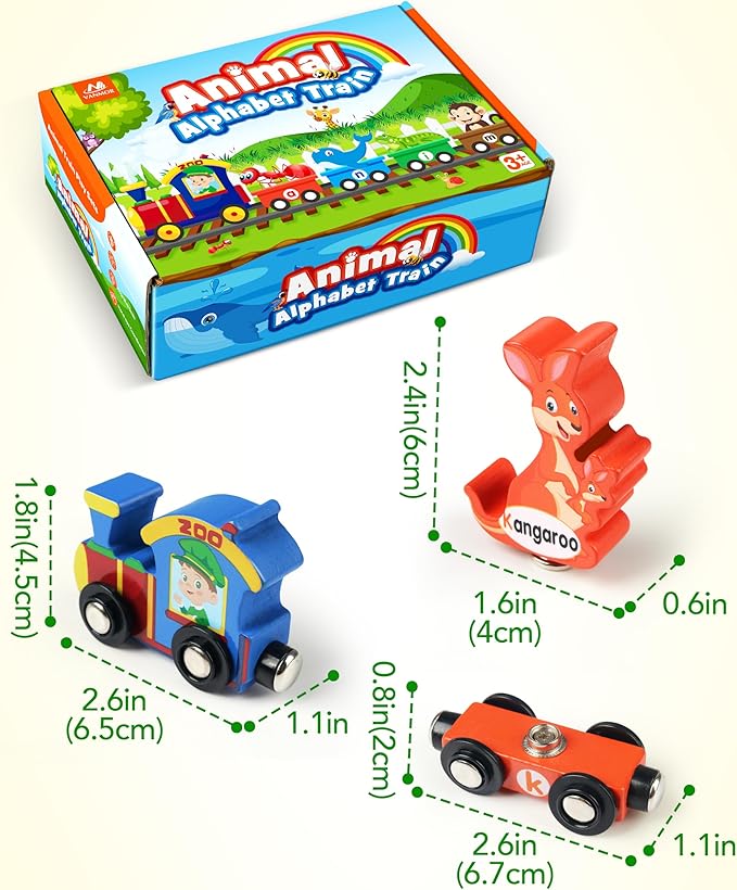 Vanmor Wooden Train Set for Toddlers - Snap-Connection Animal Trains, Magnetic Alphabet Train Learning Toys, STEM Preschool Toys, ABC and Animal Play Set for Kids Ages 3-5