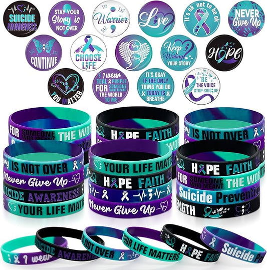60 Pcs Suicide Prevention Awareness Accessories Bulk Include 30 World Suicide Prevention Day Hope Faith Bracelets and 30 Teal Purple Ribbon Semicolon Round Badges for Suicide Awareness and Prevention