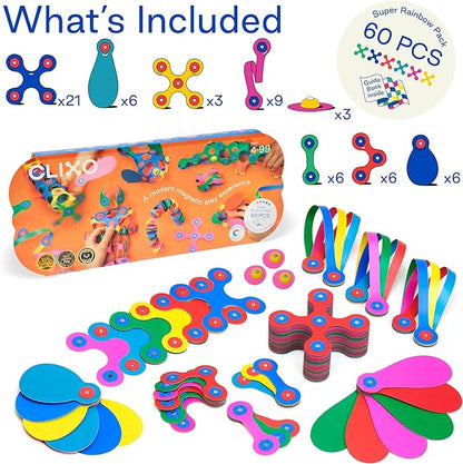Clixo Super Rainbow, 60 Piece Pack - A Versatile, Travel Friendly Magnetic Building Toy, Flexible Design for Hours of Fun Creative STEM Play, Great Gift for Curious Kids. Ages 4-99