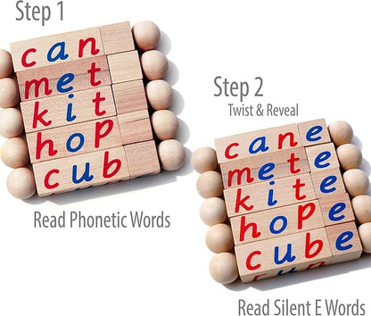 Silent E Reading Blocks - Teach Magic E to Preschoolers - Sight Word Educational Early Reader Wooden Twist Toy