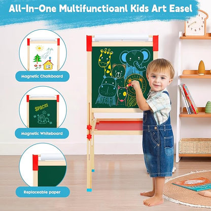 Kids Art Easel with Paper Roll Art Standing Easel Double-Sided Whiteboard & Chalkboard & Roll Paper Drawing Board Standing Easel with Accessories for Kids and Toddlers