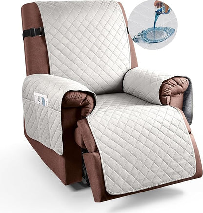 KinCam 100% Waterproof Recliner Chair Cover, Reclining Couch Covers for Pets, Dogs, Recliner Couch Slipcover Furniture Protector with Elastic Straps for Kids(23.6", Beige White)