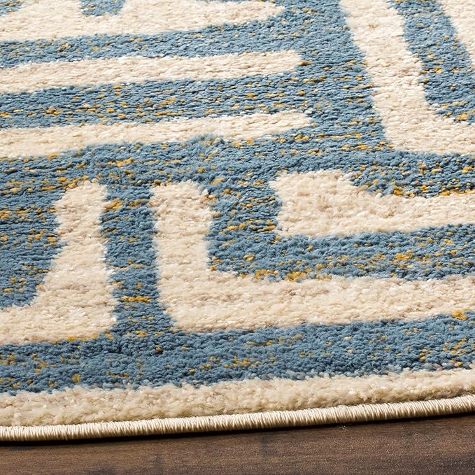 SAFAVIEH Amsterdam Collection 6'7" Round Ivory / Light Blue AMS106C Modern Abstract Non-Shedding Dining Room Entryway Foyer Living Room Bedroom Area Rug