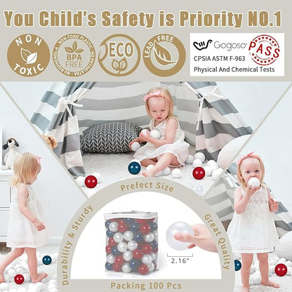 GOGOSO Balls for Ball Pit 100 Count and Long-Lasting Play Balls for Endless Entertainment at Indoor Playgrounds and Playrooms, Red+Green+Pear White