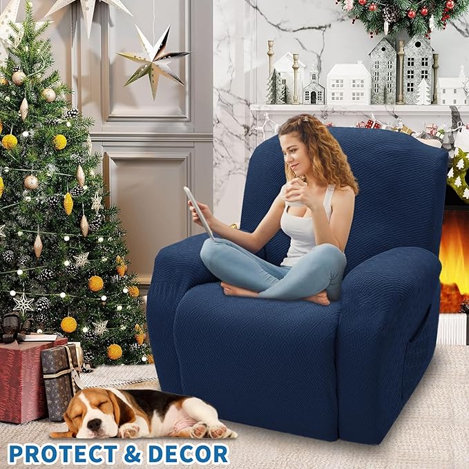 XINEAGE 4 Pieces Recliner Cover Stretch Jacquard Recliner Chair Covers Soft Recliner Slipcovers with Pocket for Kids and Pets, Washable Couch Cover (Recliner, Navy Blue)