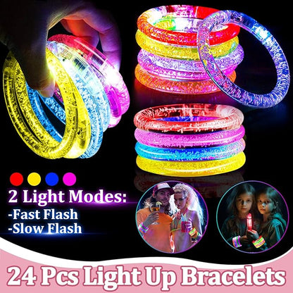 AMENON 24 Pack Valentines Day Gifts for Kids Glow In The Dark LED Bracelets with Valentines Cards for Kids Light UP Bracelets Valentines Classroom Gifts Exchange School Carnival Prizes Party Favor