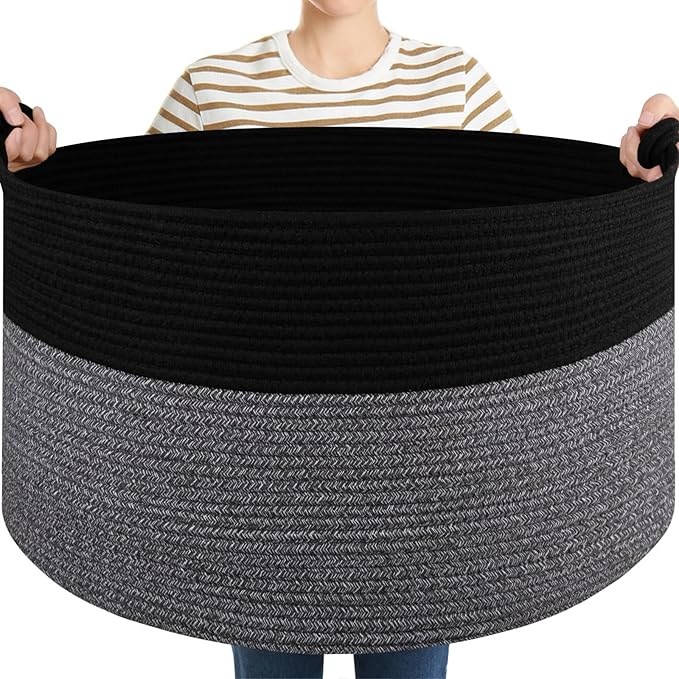 OIASKET Large Blanket Storage Basket for Living Room, 22.8" x 22.8" x 13" Woven Cotton Rope Basket with Handles, Baby Toy Storage, Laundry Hamper for Clothes, Pillows, Towels-Black and Grey